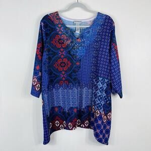 Catherines Plus Size 0X 14 16 Printed Embellished Peasant Top Blue Red